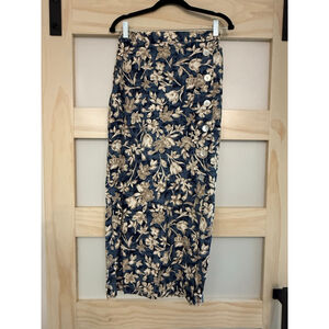 Vintage 90s Jerell Inc Linen Cotton Blend Skirt Blue Floral Midi Modern 4/6
